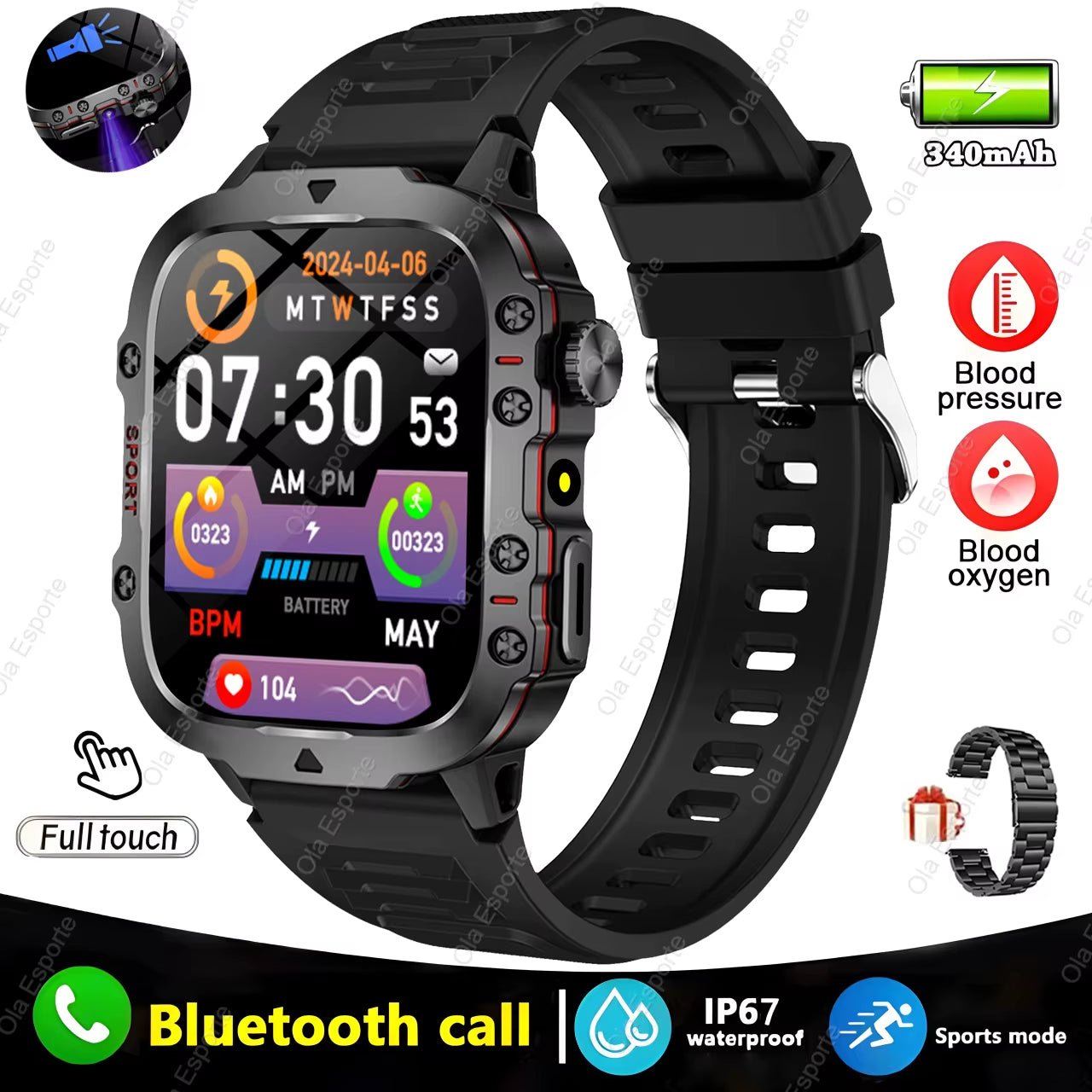 Men's Smartwatch with Flashlight - IP68 Waterproof Fitness Tracker - Amazing Grace Alignment