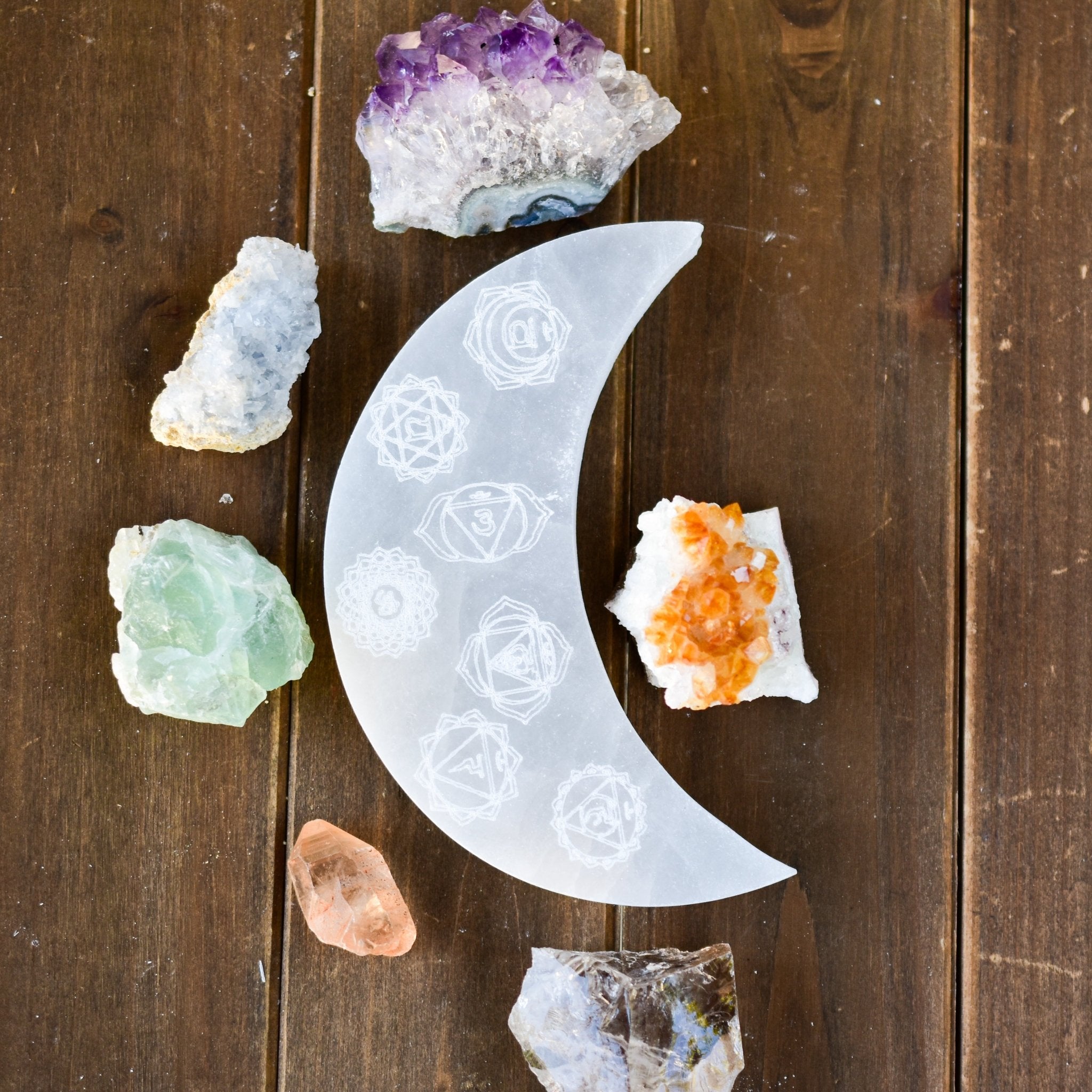 7 Chakras Engraved Crescent Moon Selenite Plate - Amazing Grace Alignment