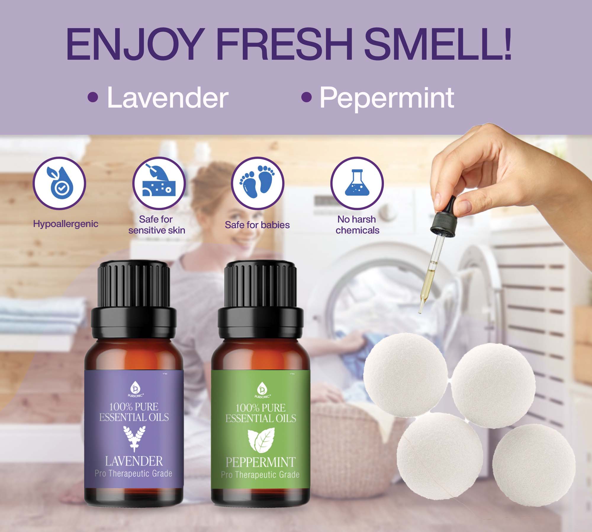 Wool Dryer Balls Bundle - Reusable Laundry Balls Made from Pure New Zealand Wool - Includes Lavender & Peppermint Oils - Amazing Grace Alignment