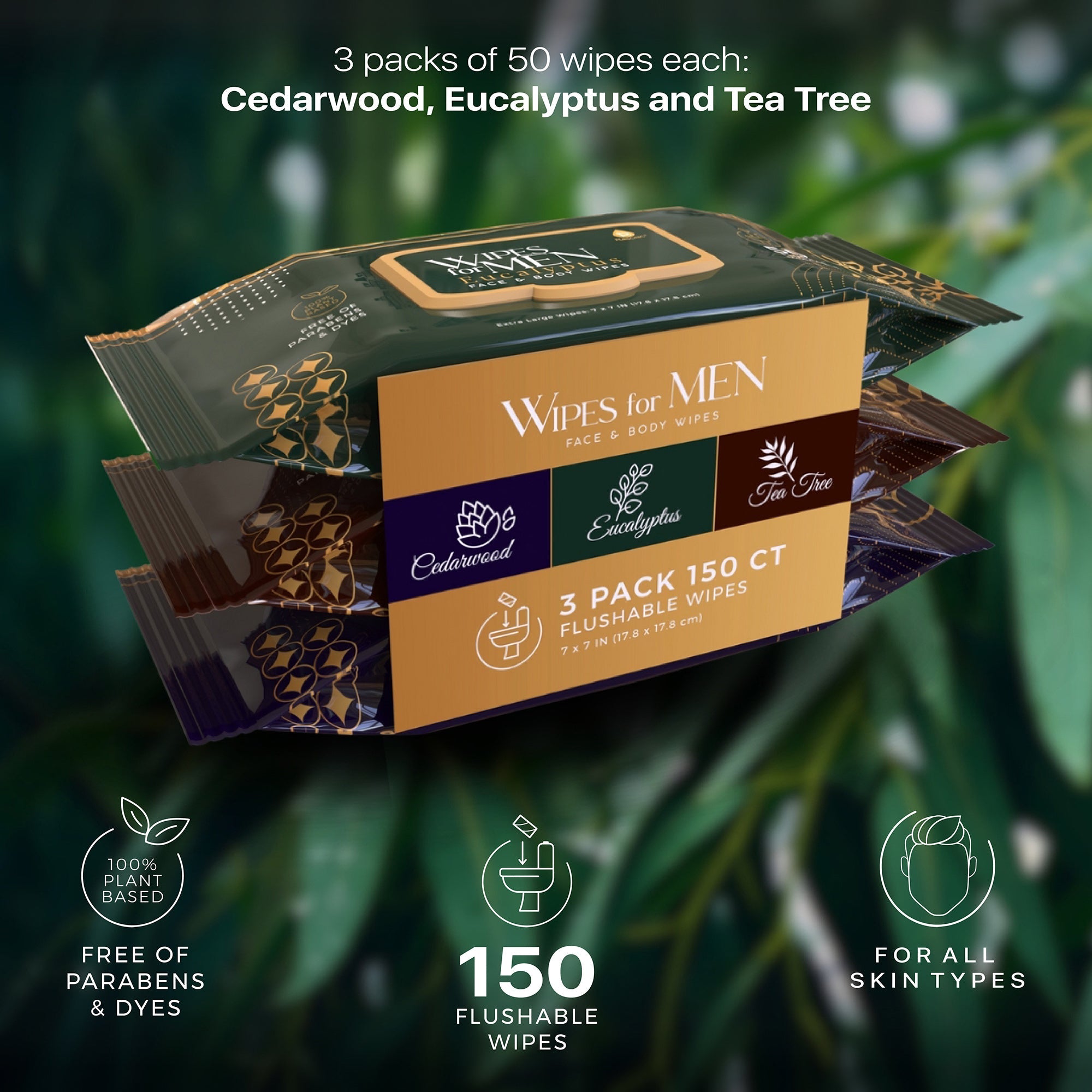 Men's Assorted Face and Body Wipes – Cedarwood, Tea Tree, and Eucalyptus (3 - Pack, 150 Wipes) - Amazing Grace Alignment