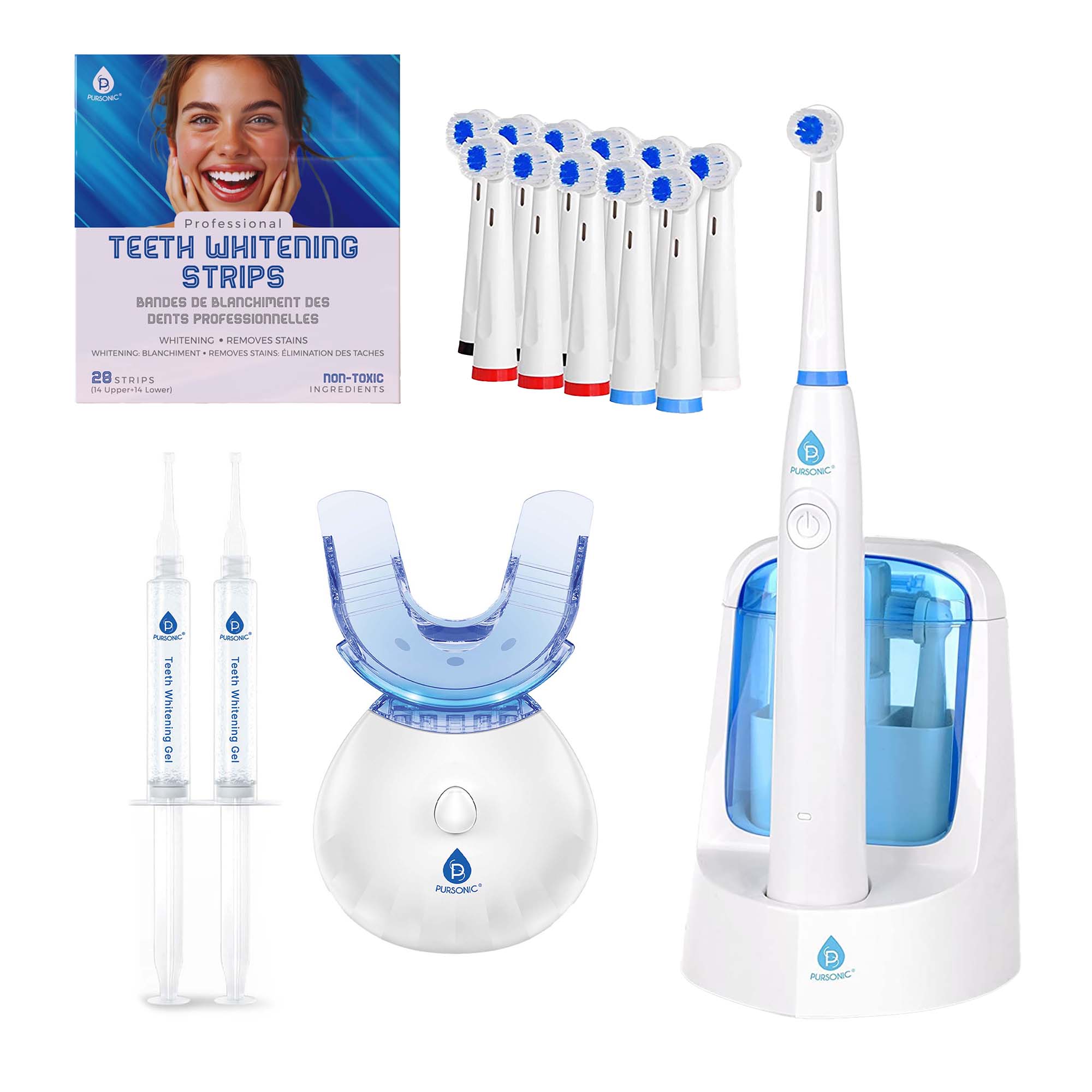 Pursonic Advanced Smile Care Bundle – LED Whitening Kit, Whitening Strips, & Electric Toothbrush - Amazing Grace Alignment