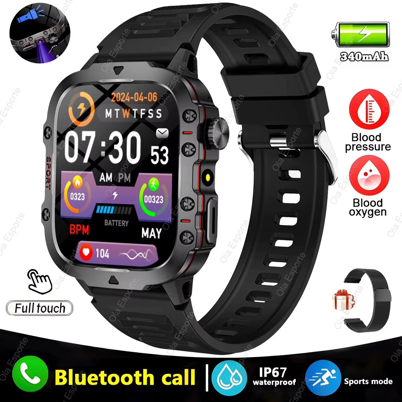 Men's Smartwatch with Flashlight - IP68 Waterproof Fitness Tracker - Amazing Grace Alignment