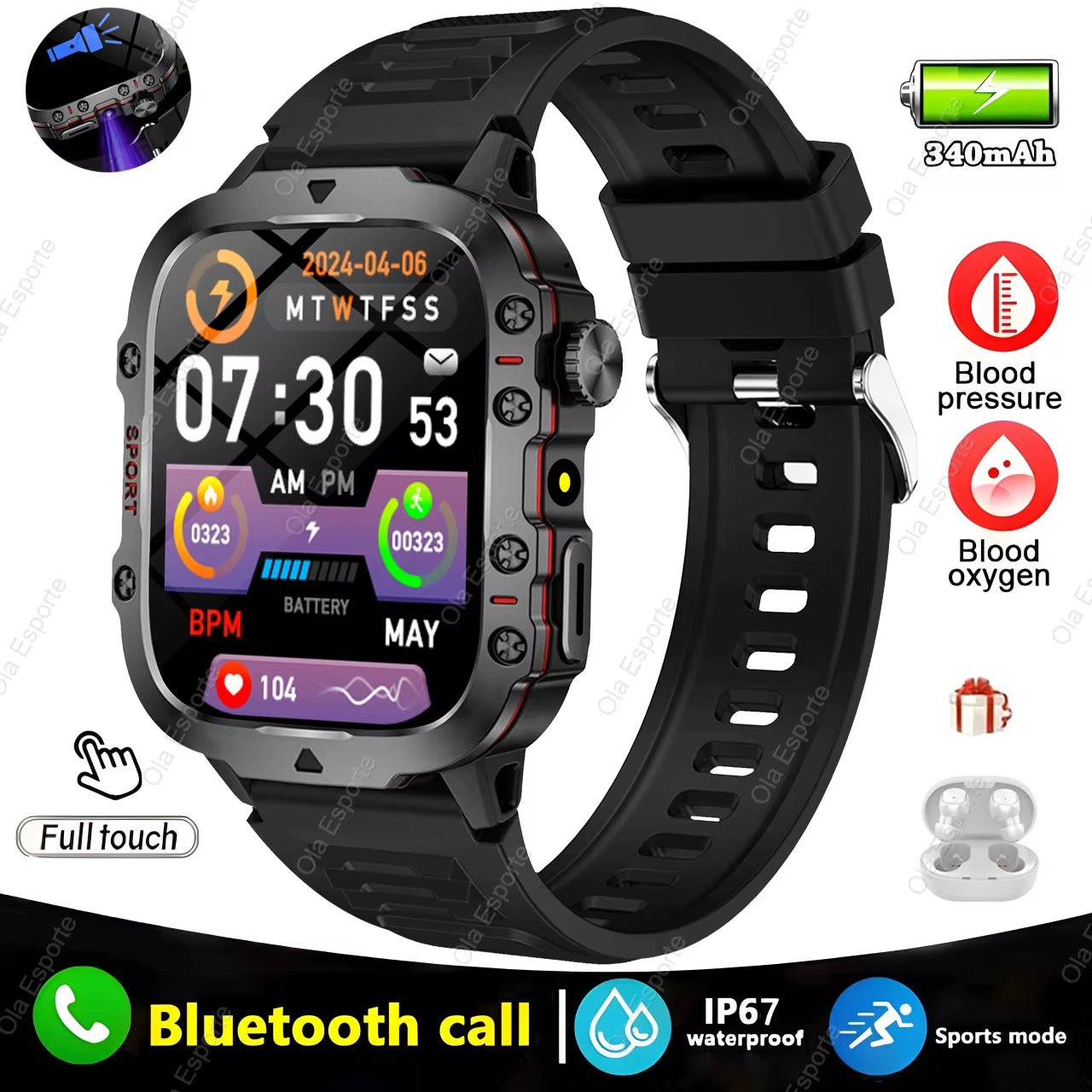 Men's Smartwatch with Flashlight - IP68 Waterproof Fitness Tracker - Amazing Grace Alignment